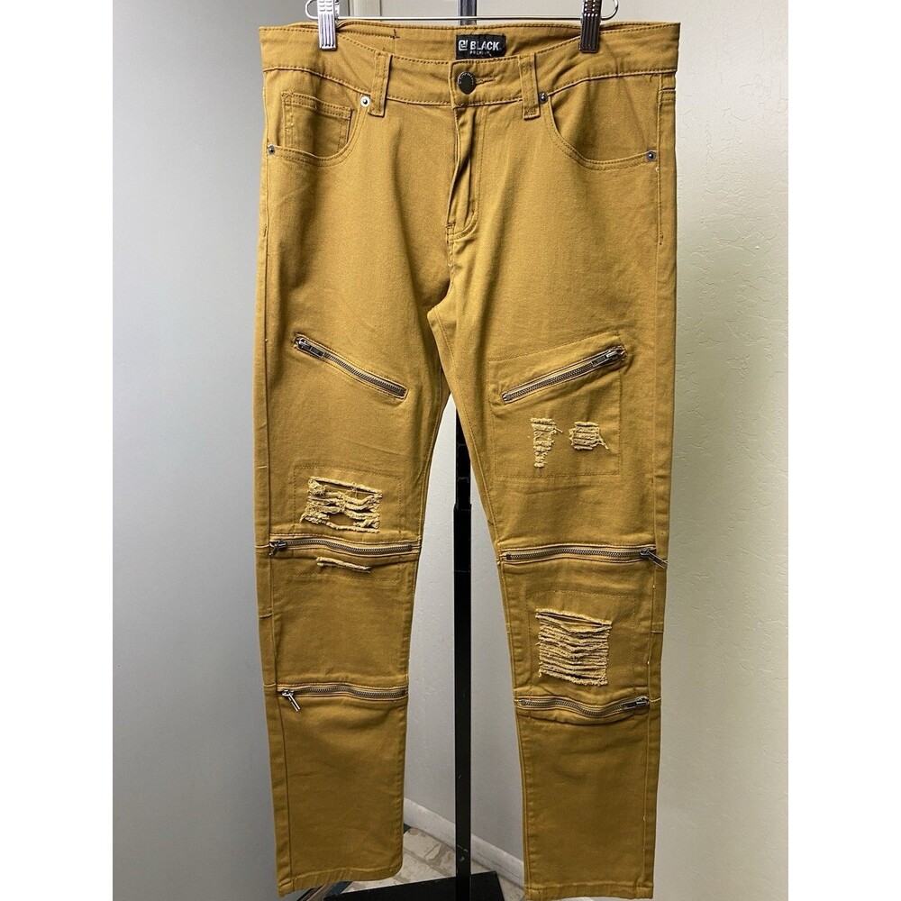 BLACK Premium Mens Brown Skinny Jeans Distressed Zipper Moto Biker Stretch 30x30